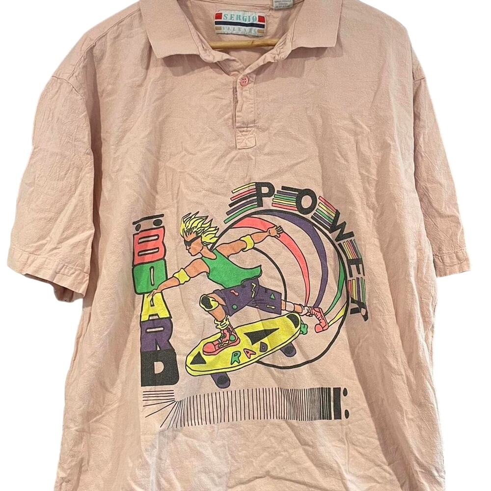 Vintage 80s Skateboard Power Board Collared Shirt Sergio Valente Adult Large